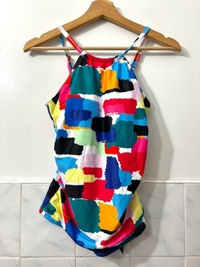 Tempt Me XS Abstract Color Block High Neck Tankini Swim Top Beach Vacation